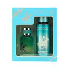 Two greenish-blue bottles. Small glass EDP with silver-toned cap, dark polo graphic. Tall opaque hair mist with teal cap, lig