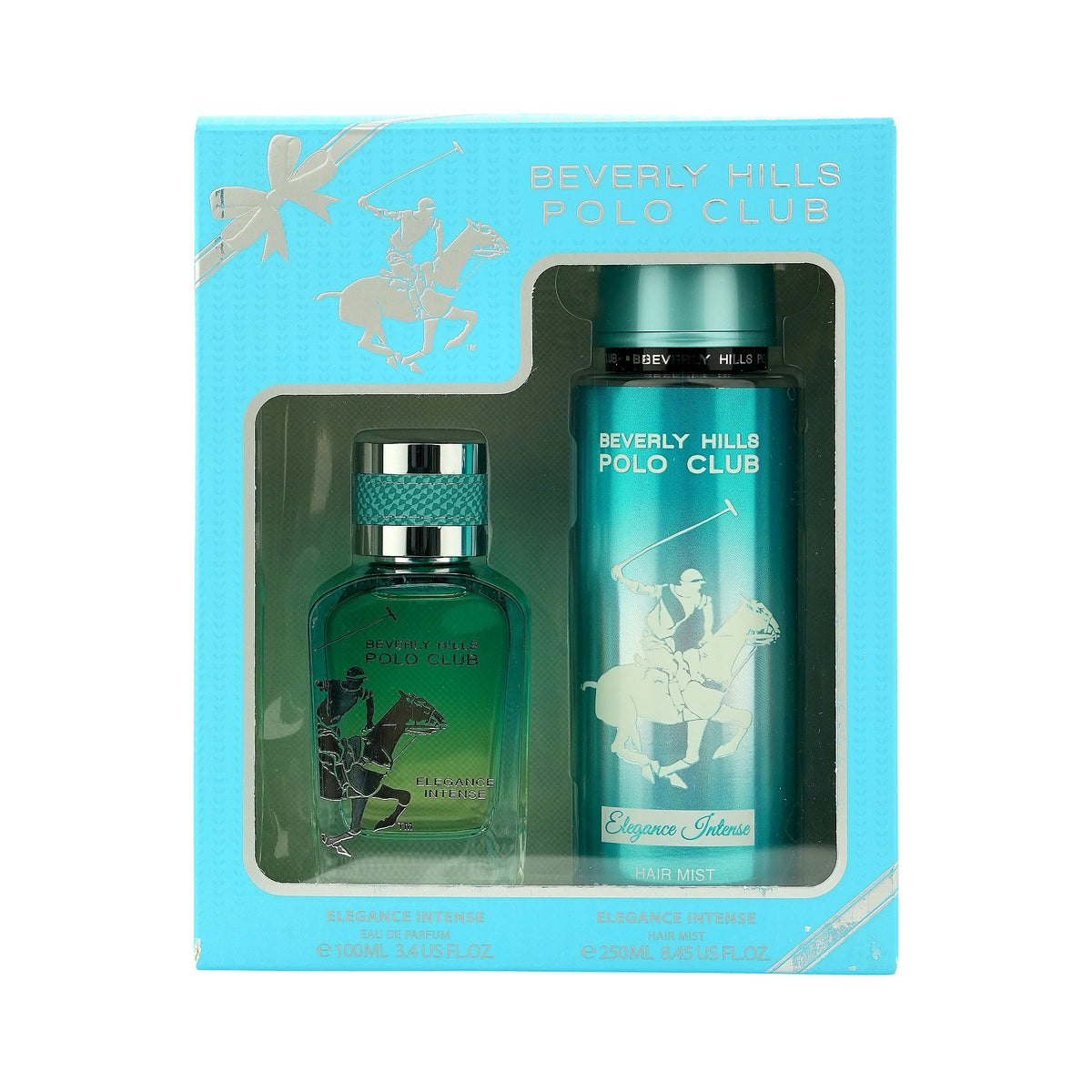 Two greenish-blue bottles. Small glass EDP with silver-toned cap, dark polo graphic. Tall opaque hair mist with teal cap, lig