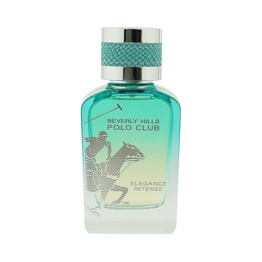 Clear glass perfume bottle with teal to yellow ombre liquid. Silver-toned cap has a teal patterned band. Features a silver po