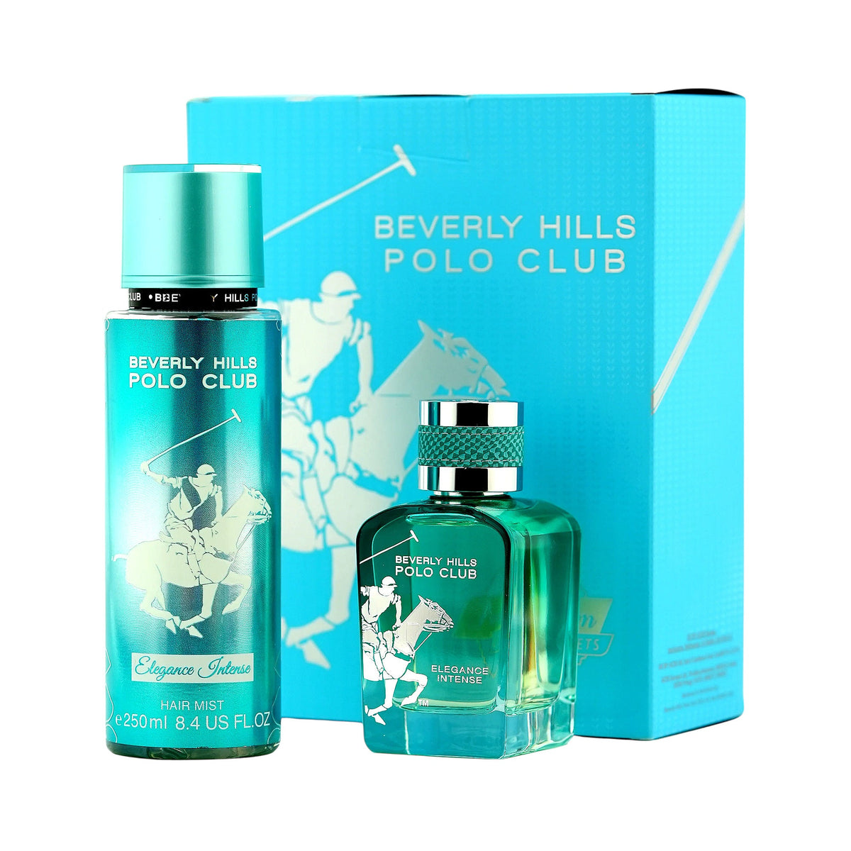 Teal hair mist bottle and clear glass EDP bottle with green liquid. Both have white polo player graphics and teal/silver-tone