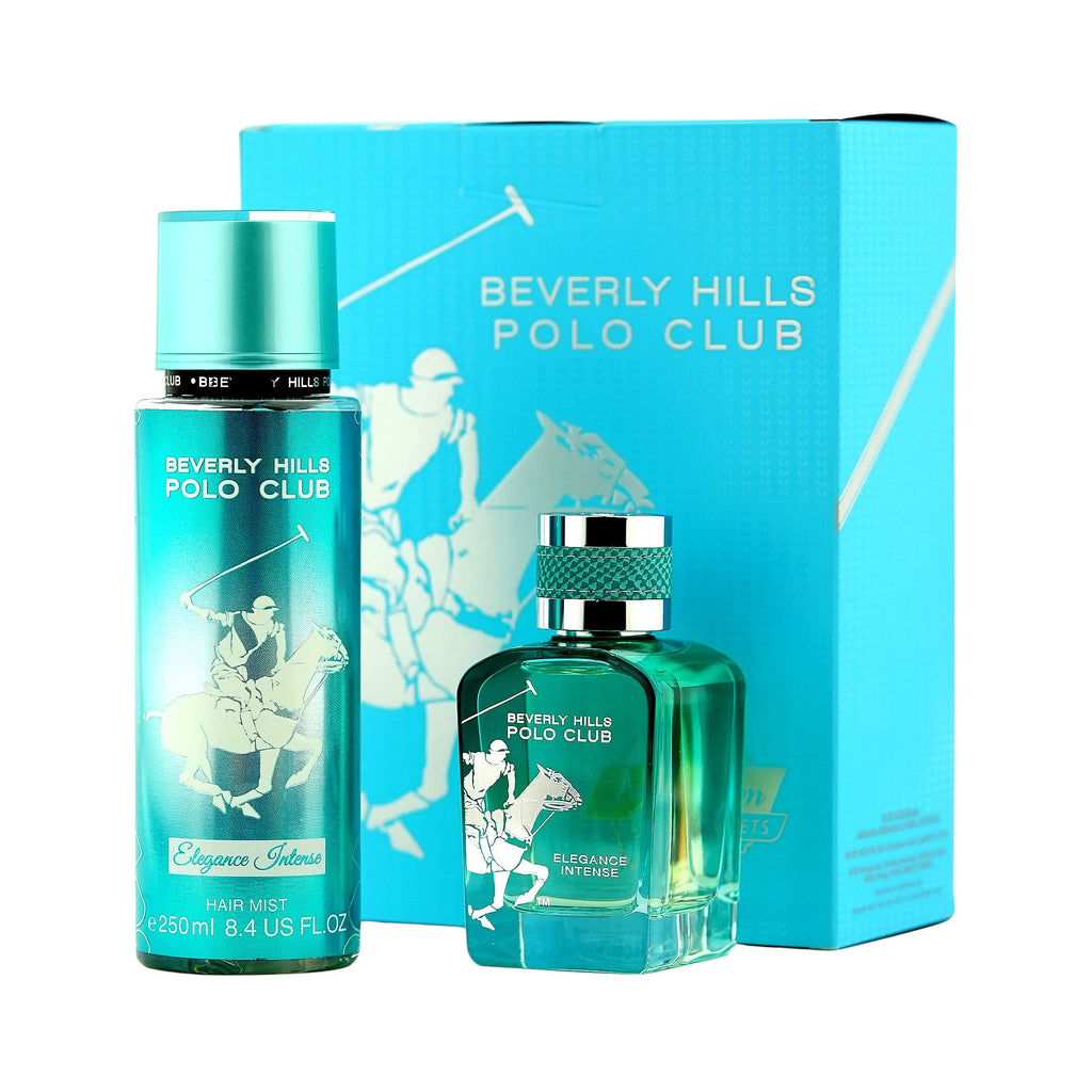 Turquoise fragrance set: box, hair mist, and EDP bottle. All have a white polo player graphic. EDP bottle has a silver-toned