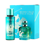 Turquoise fragrance set: box, hair mist, and EDP bottle. All have a white polo player graphic. EDP bottle has a silver-toned