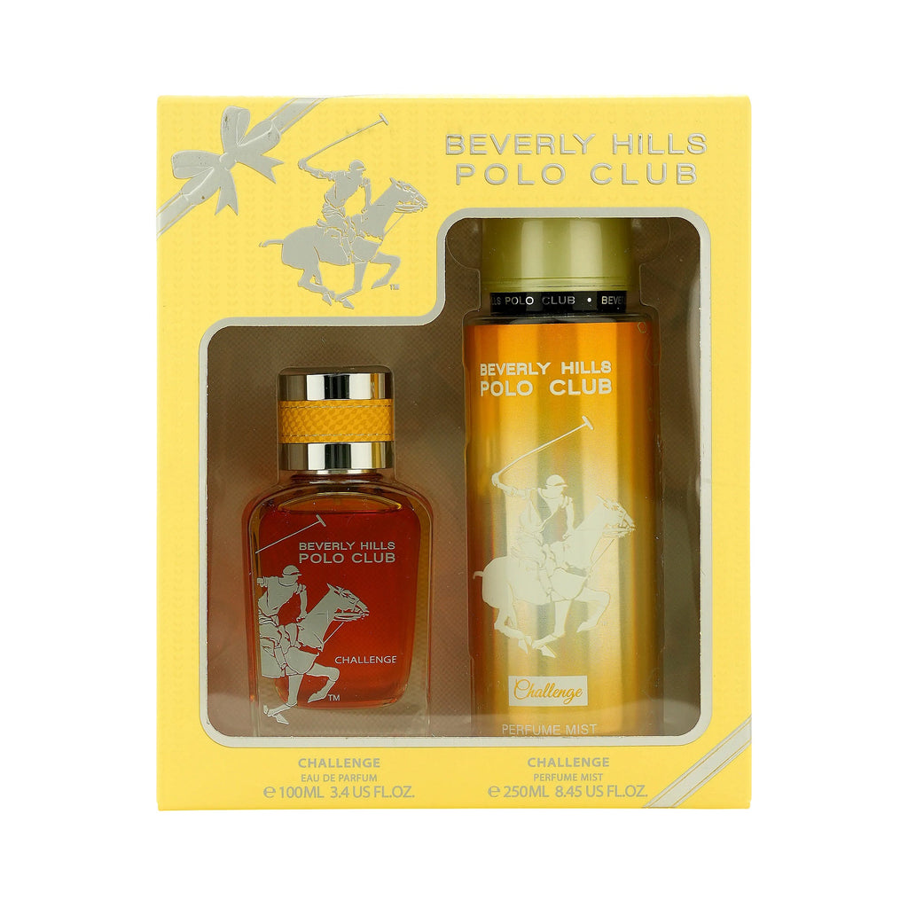 Yellow box, amber perfume bottle with silver/yellow cap, gold-toned perfume mist with dark green cap. White polo logo on both