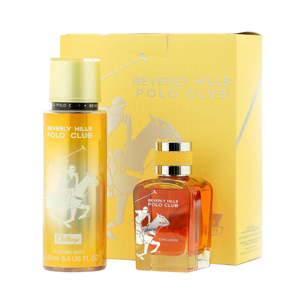 Yellow box with white polo logo. Tall yellow perfume mist bottle with yellow cap. Shorter amber EDP bottle with gold-toned ca