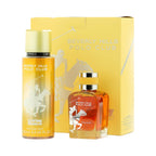Yellow box with white polo logo. Tall yellow perfume mist bottle with yellow cap. Shorter amber EDP bottle with gold-toned ca