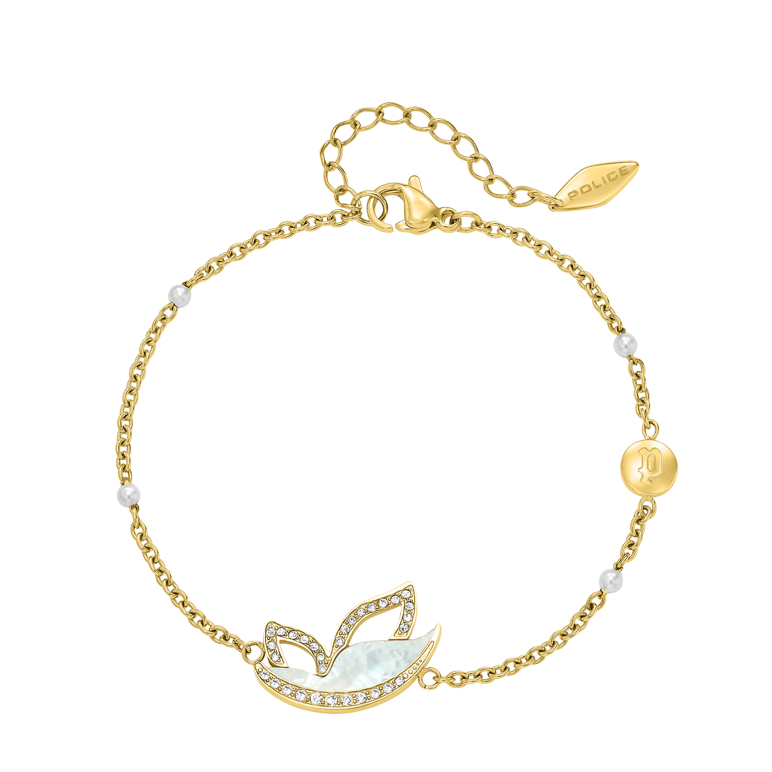 Police Birdy Mop Crystal Pearl Beads Chain Bracelet