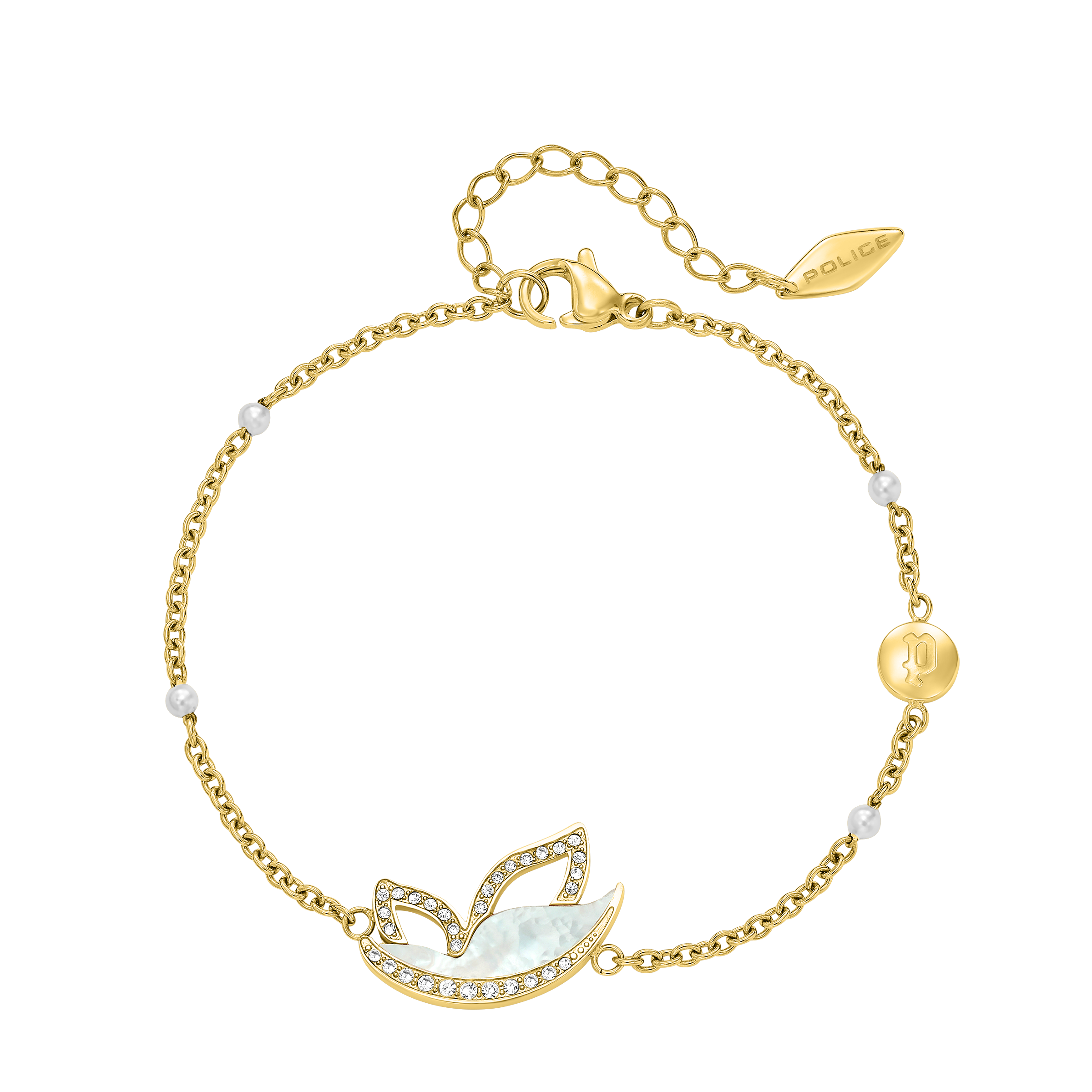 Police Birdy Mop Crystal Pearl Beads Chain Bracelet