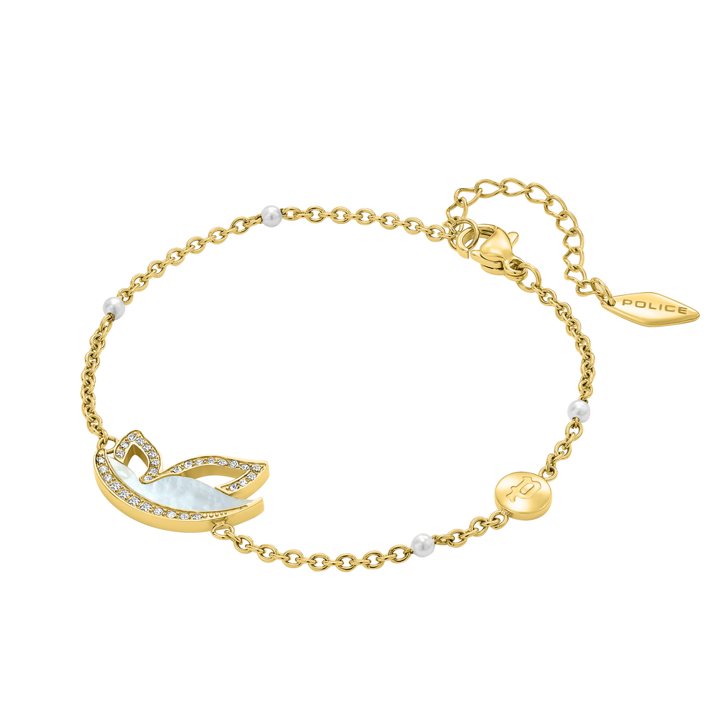 Police Birdy Mop Crystal Pearl Beads Chain Bracelet