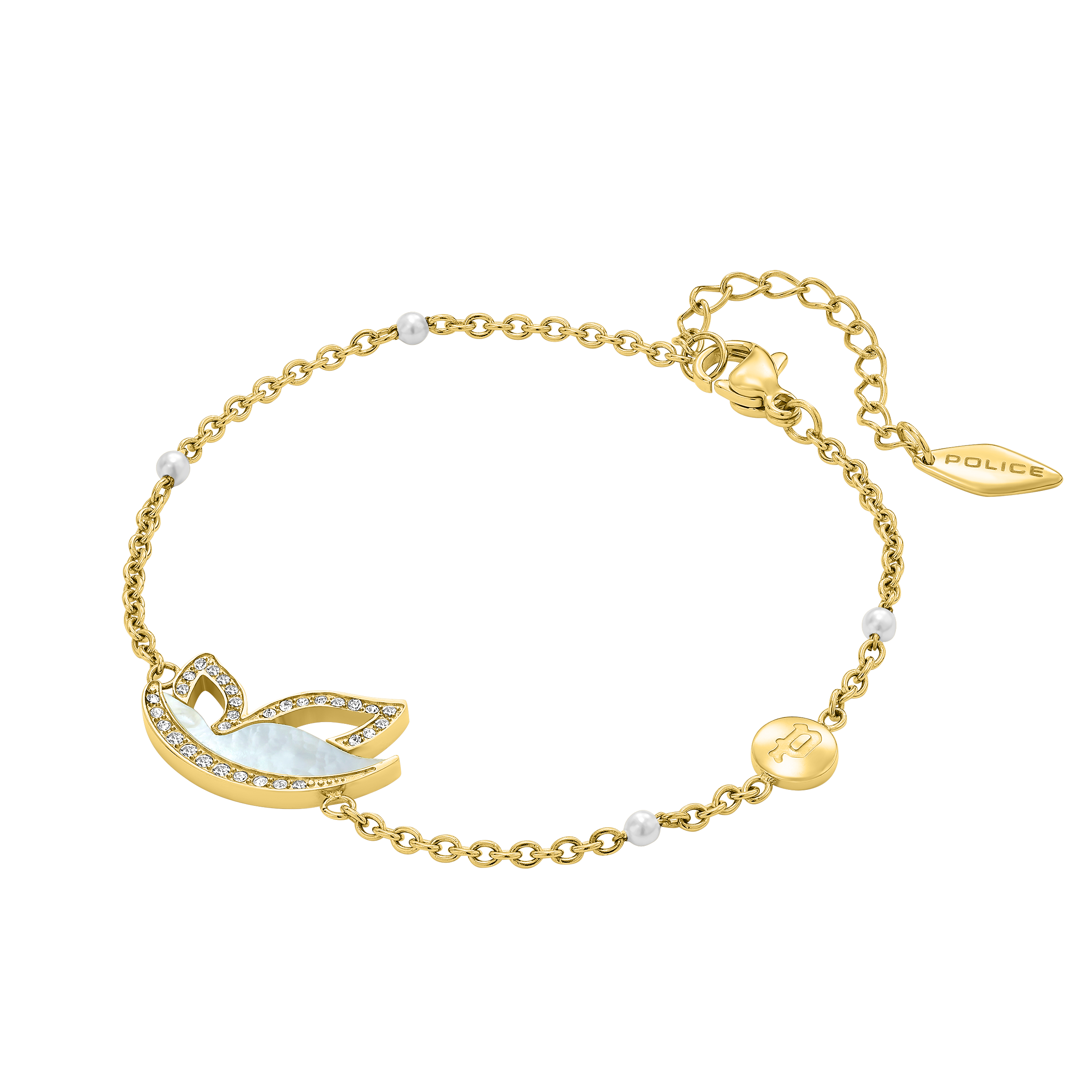 Police Birdy Mop Crystal Pearl Beads Chain Bracelet