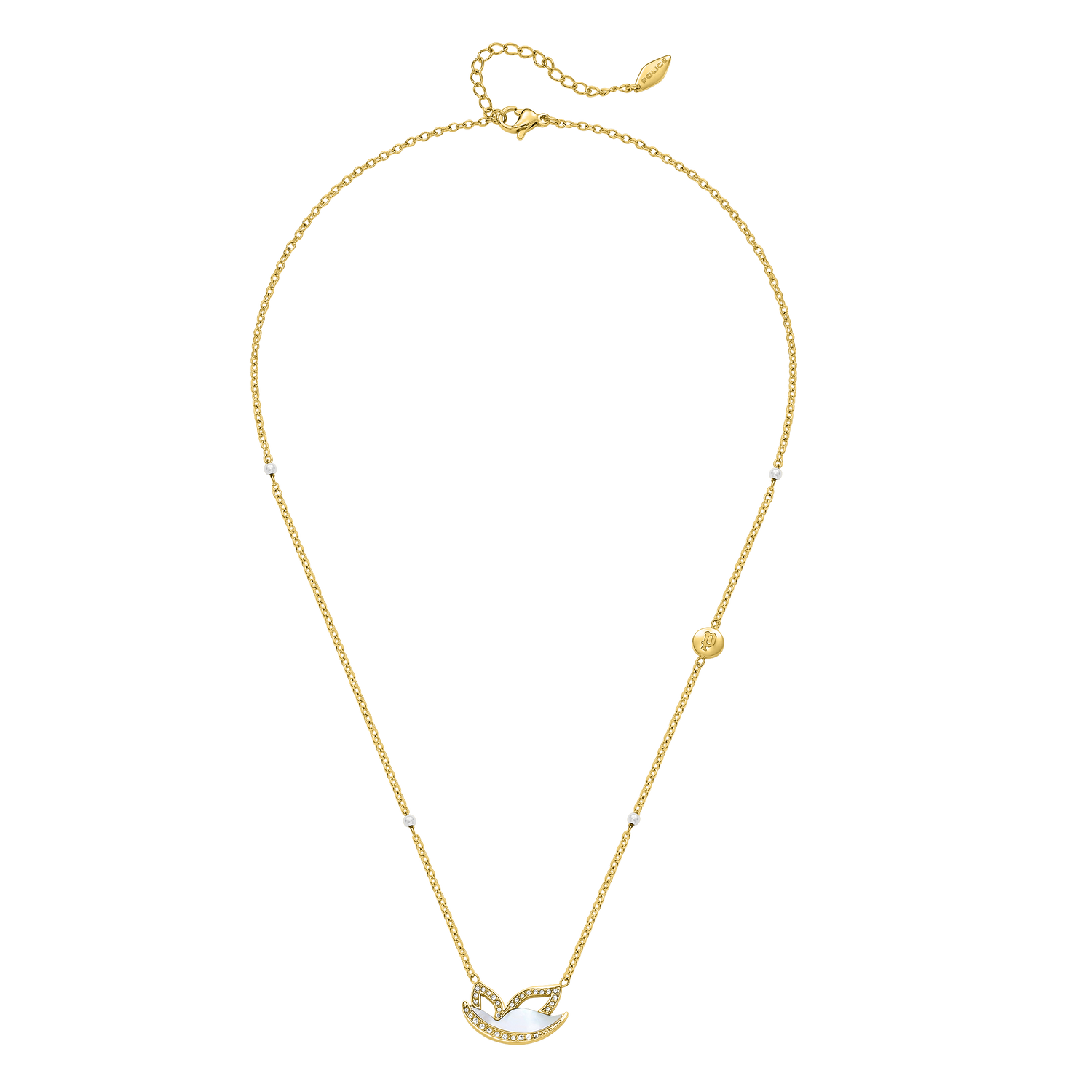 Police Birdy Mop Crystal Pearl Beads Chain Necklace