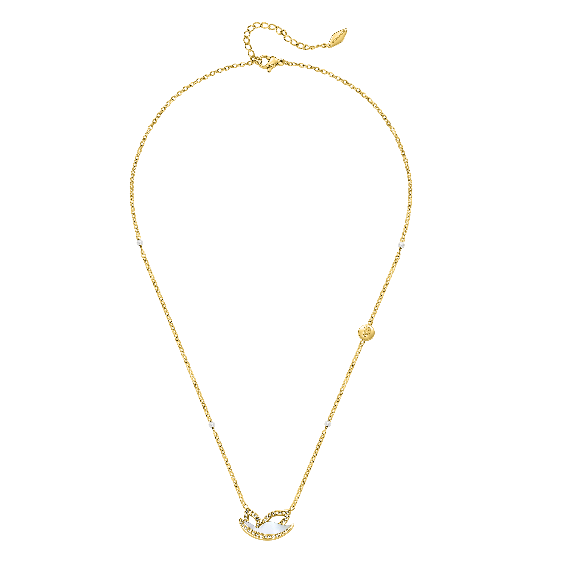 Police Birdy Mop Crystal Pearl Beads Chain Necklace
