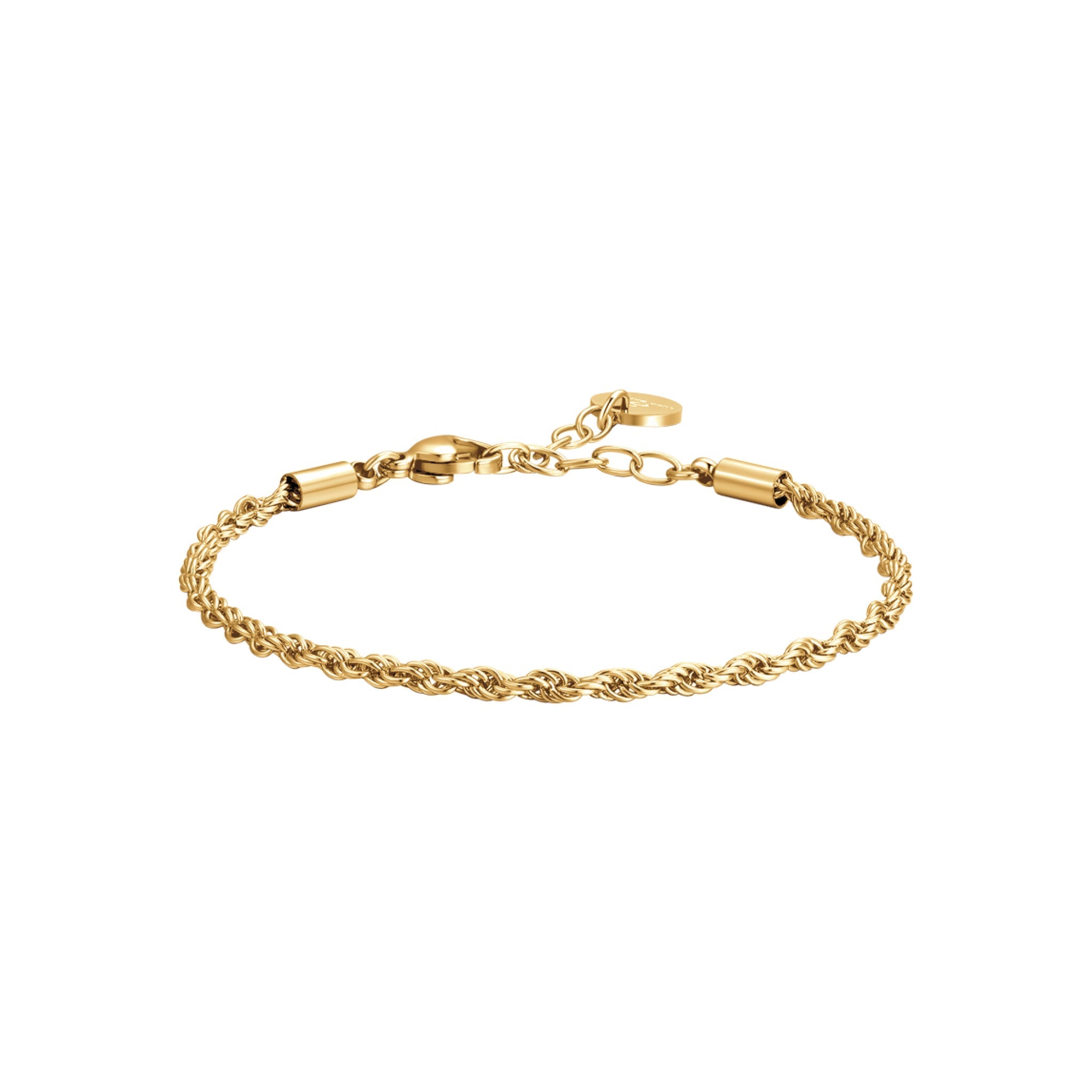 Gold-toned steel rope chain bracelet with a lobster clasp and extender chain, featuring a small round charm.