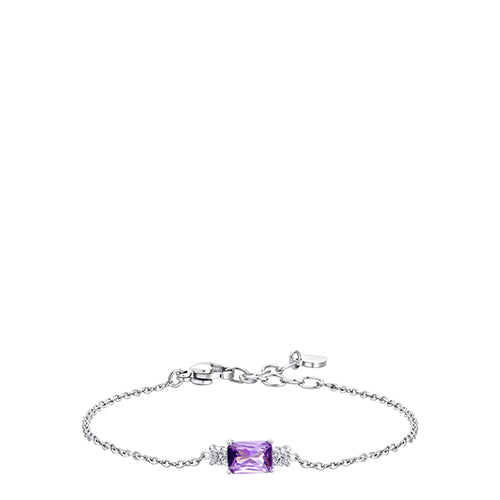 Silver-toned steel chain bracelet with a central rectangular purple zircon flanked by two clusters of white zircons.