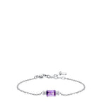 Silver-toned steel chain bracelet with a central rectangular purple zircon flanked by two clusters of white zircons.