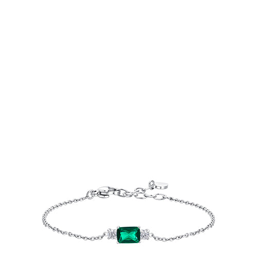 Silver-toned chain bracelet with a central rectangular green zircon flanked by two clusters of white zircons. Lobster clasp.