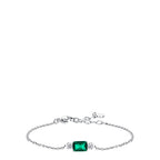 Silver-toned chain bracelet with a central rectangular green zircon flanked by two clusters of white zircons. Lobster clasp.