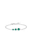 Silver-toned steel chain bracelet with three graduated round green zircons, lobster claw clasp and extender chain.