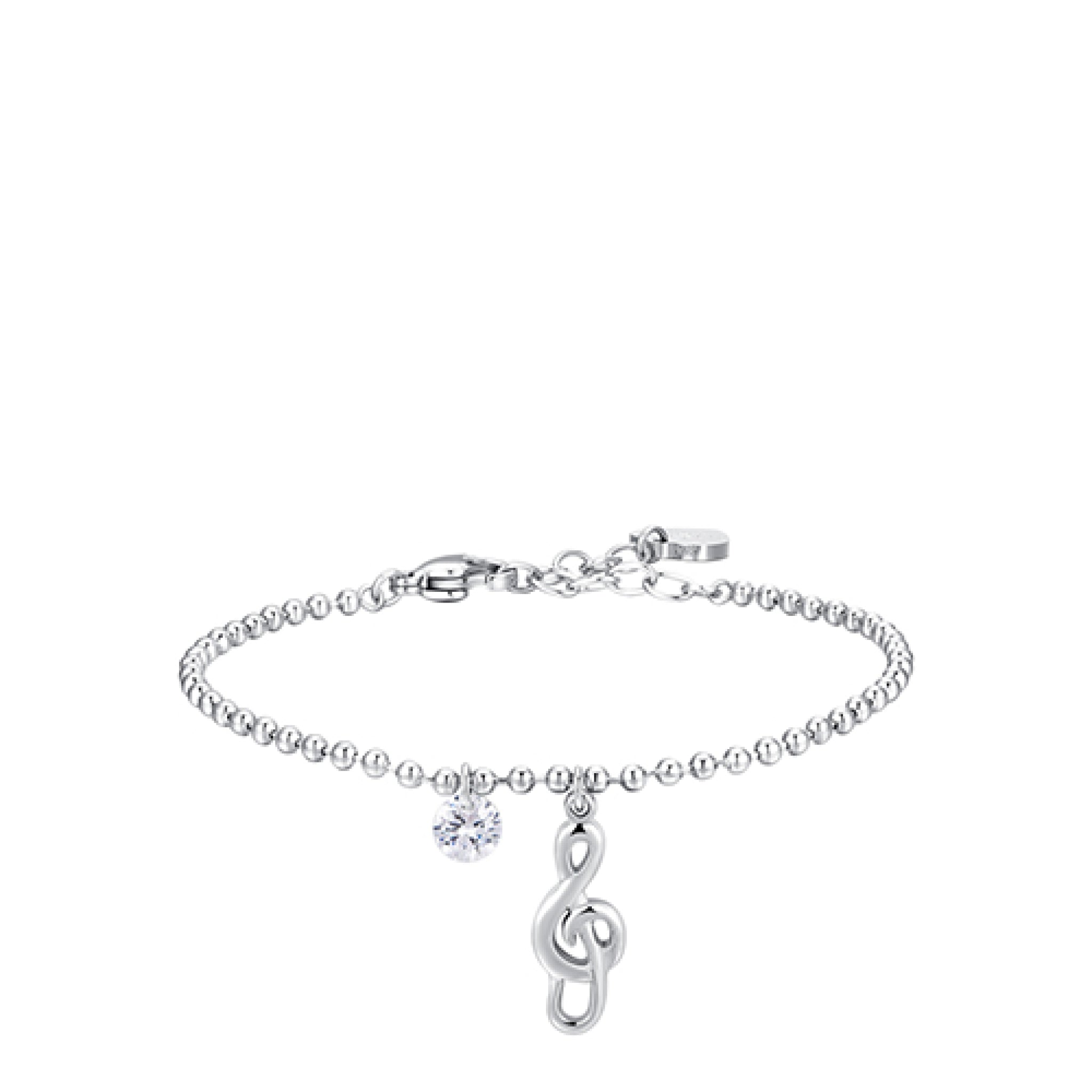 Silver-toned steel ball chain bracelet with a clear faceted zircon charm and a silver-toned musical treble clef note charm.