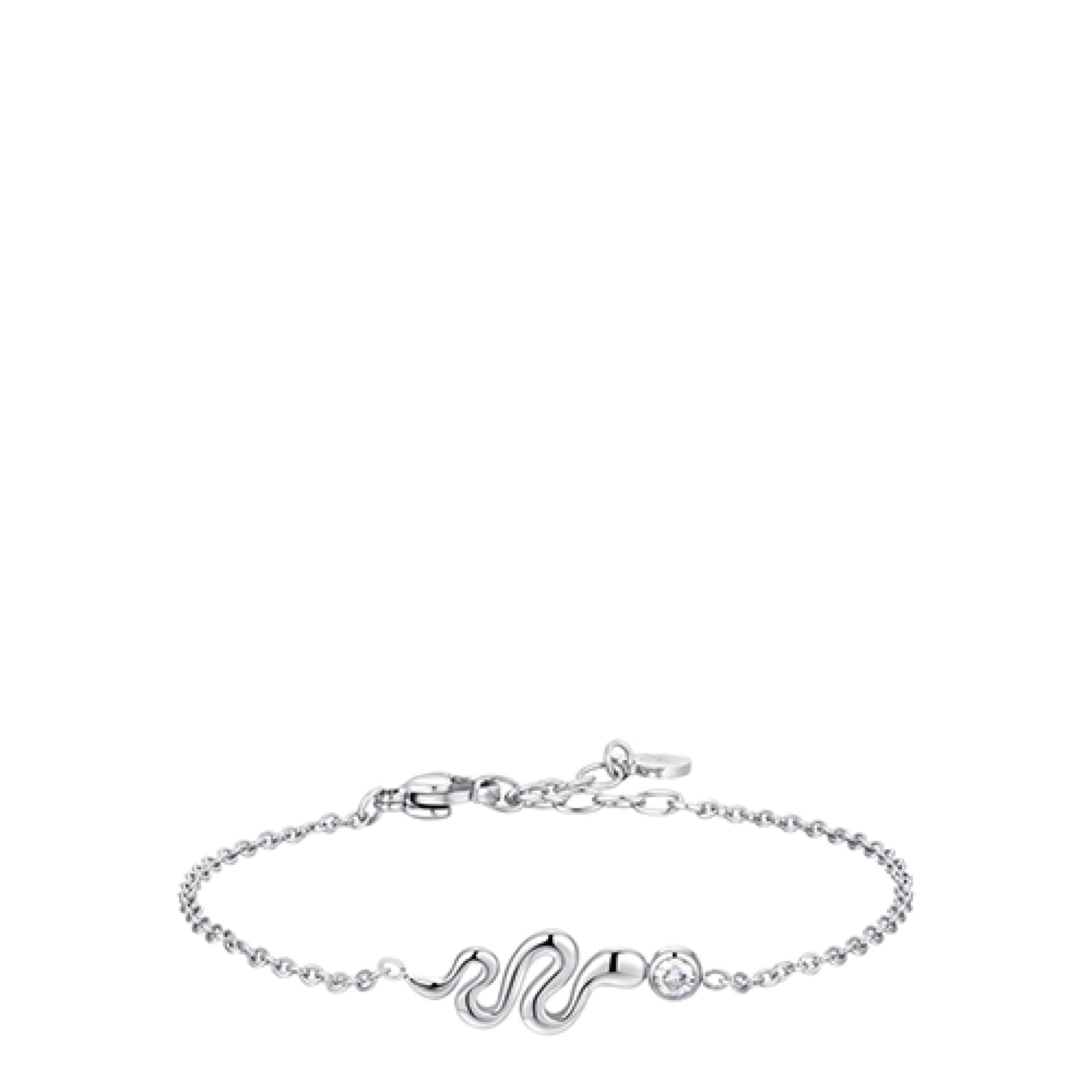 Silver-toned steel bracelet with a wavy snake motif and a single round white crystal, secured by a lobster clasp.