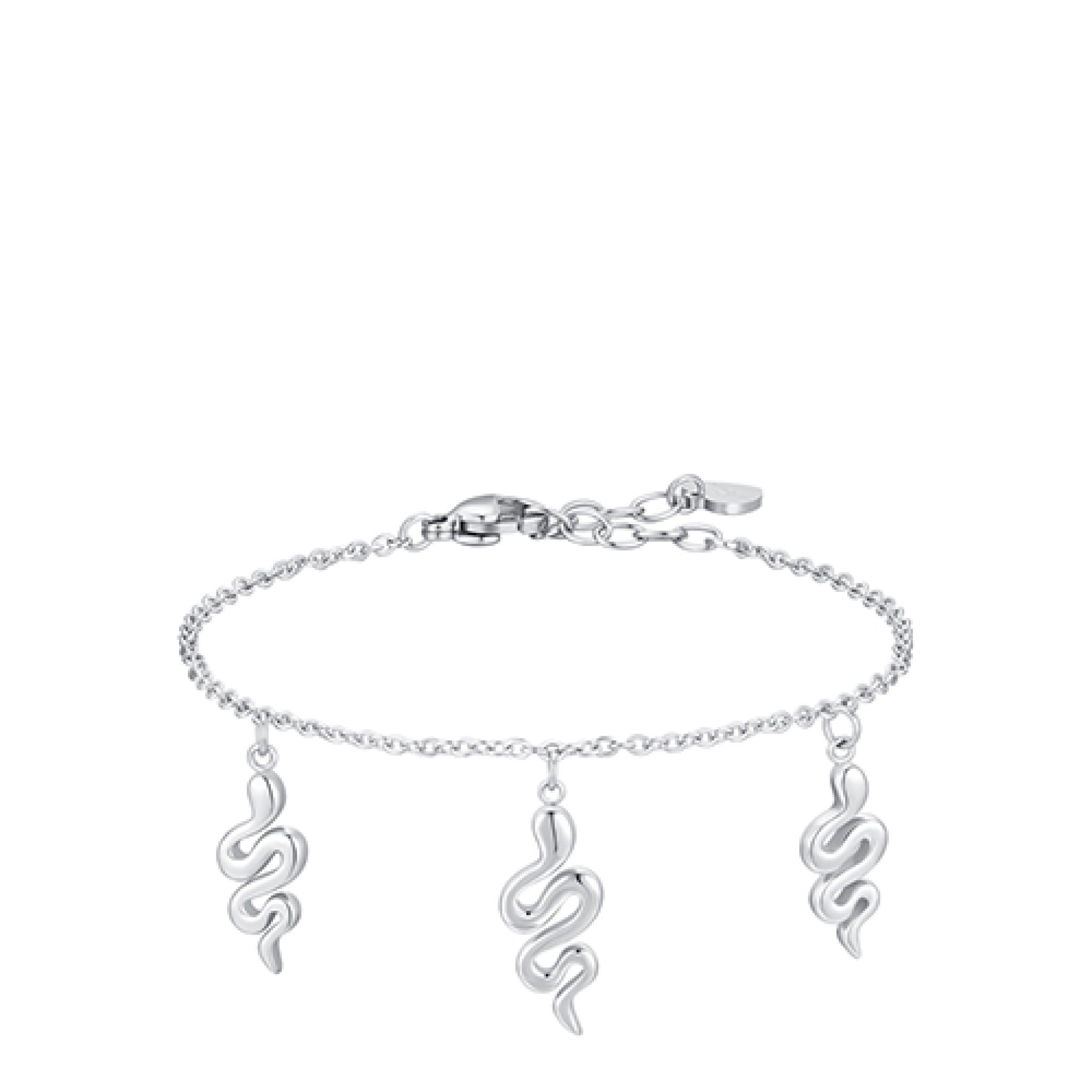 Silver-toned steel bracelet with a delicate chain and three coiled snake charms, secured by a lobster clasp.