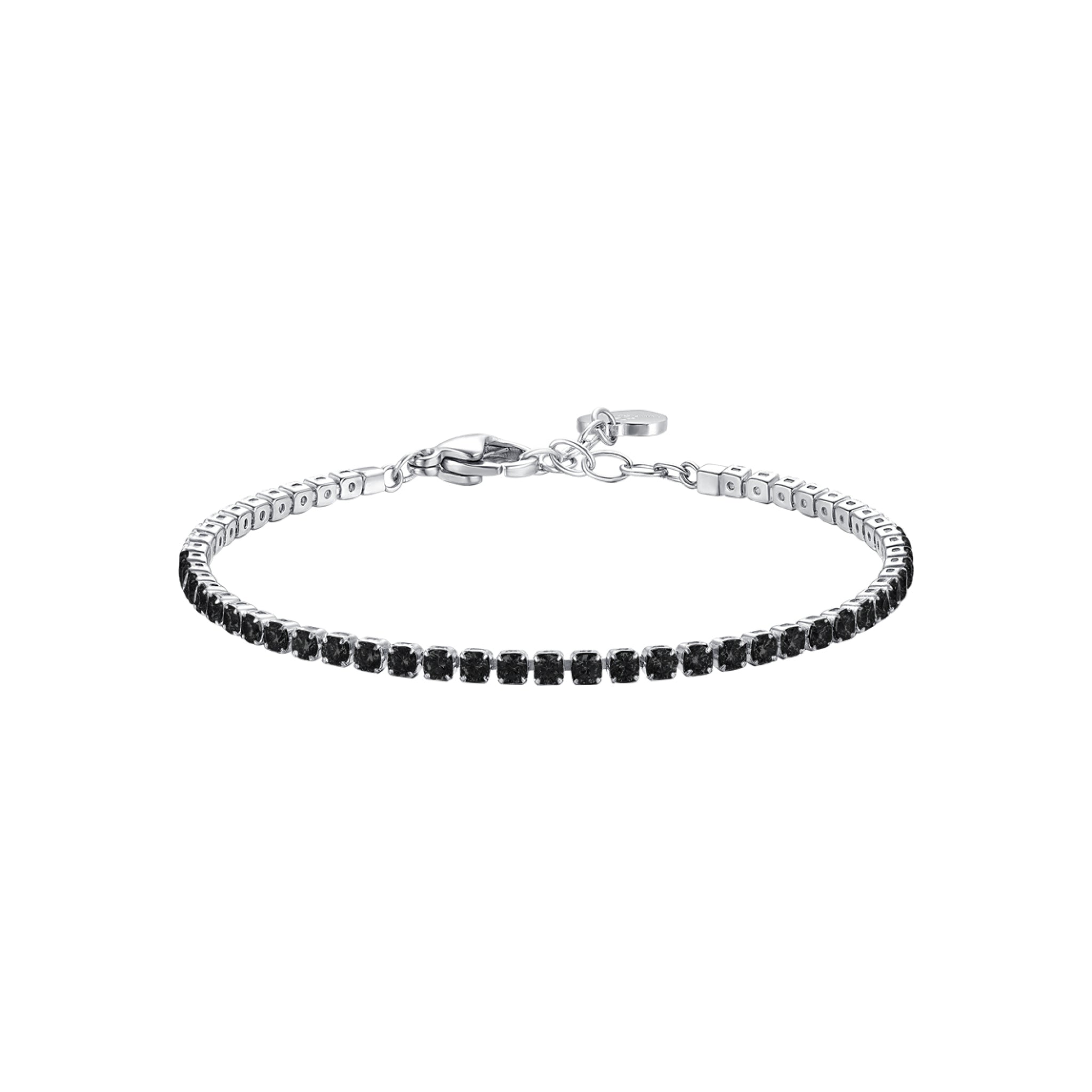 Silver-toned steel tennis bracelet with a continuous line of square-cut black zircons, featuring a lobster clasp and extender