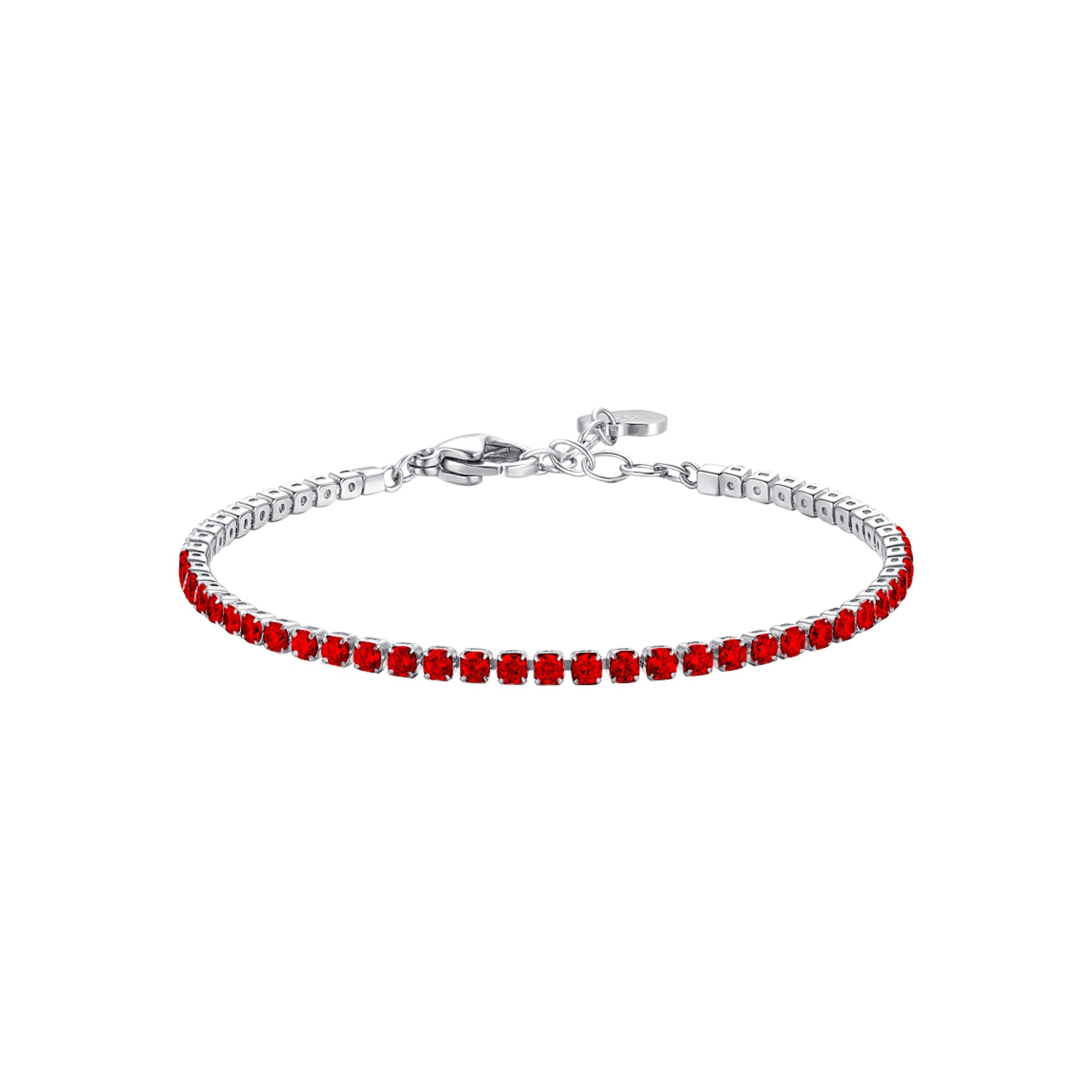 Silver-toned tennis bracelet with a continuous line of square-cut red zircons, featuring a lobster clasp and extender chain.