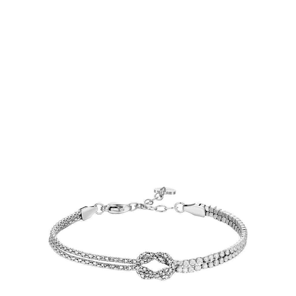Silver-toned steel double-strand bracelet with clear zircons. A zircon-covered knot connects the strands at the center. Lobst