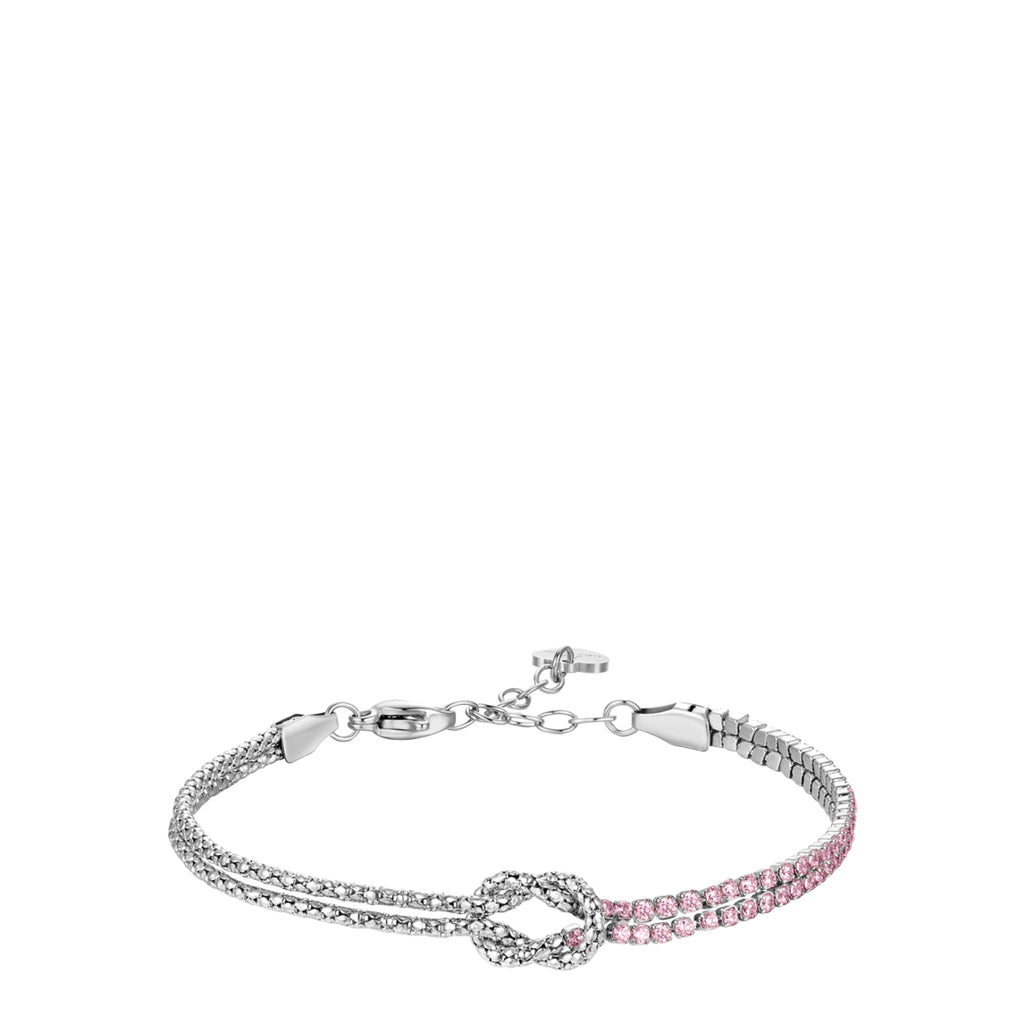 Silver-toned steel bracelet with a central knot, one side adorned with clear zircons and the other with pink zircons.