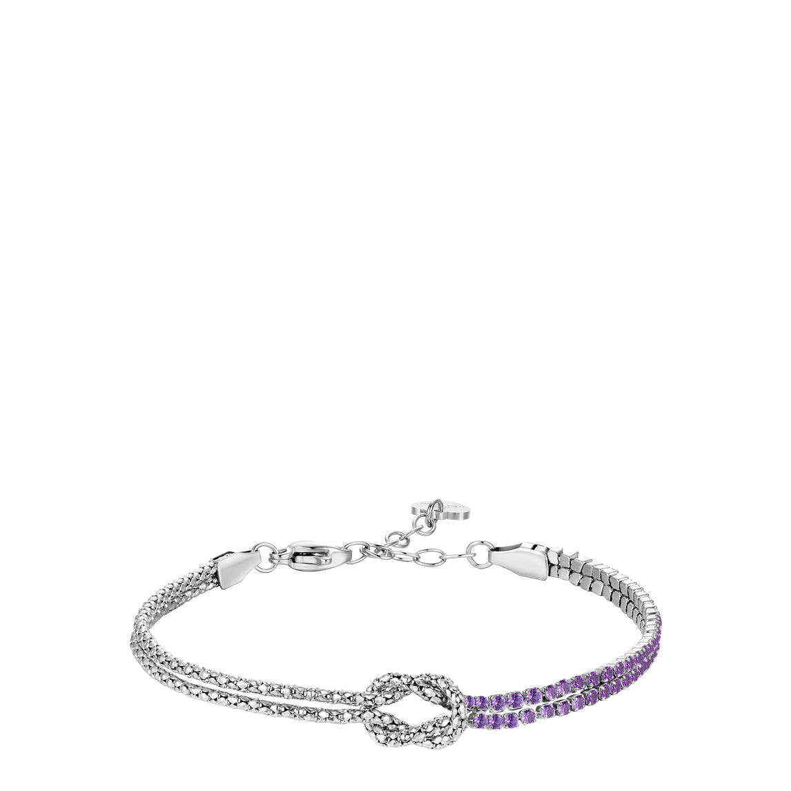 Silver-toned steel bracelet with a central knot. One side features two rows of clear zircons, the other has two rows of purpl