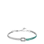 Silver-toned steel bracelet with a central knot. One side has two textured silver-toned strands, the other has two strands wi