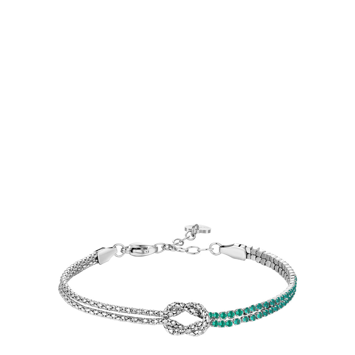Silver-toned steel bracelet with a central knot. One side has two textured silver-toned strands, the other has two strands wi