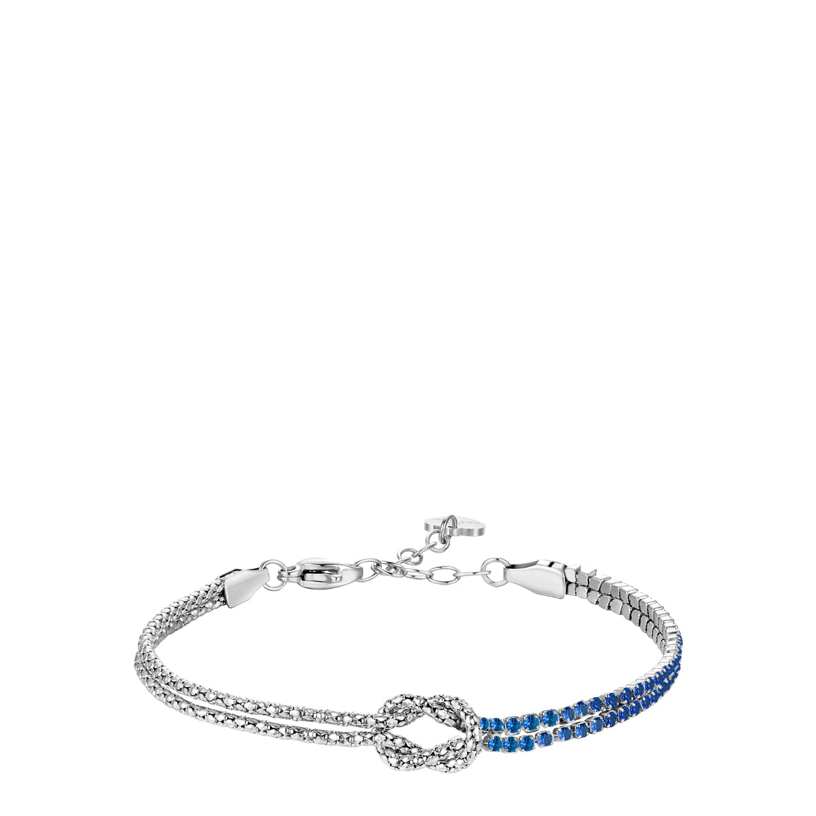 Silver-toned steel bracelet with a central double-strand knot. One half features clear zircons, the other half features blue