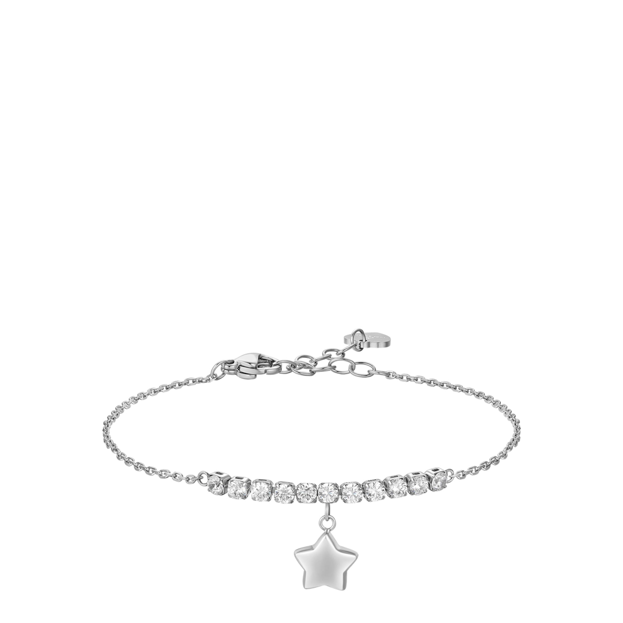 Silver-toned steel bracelet with a row of clear zircons and a polished silver-toned star charm.