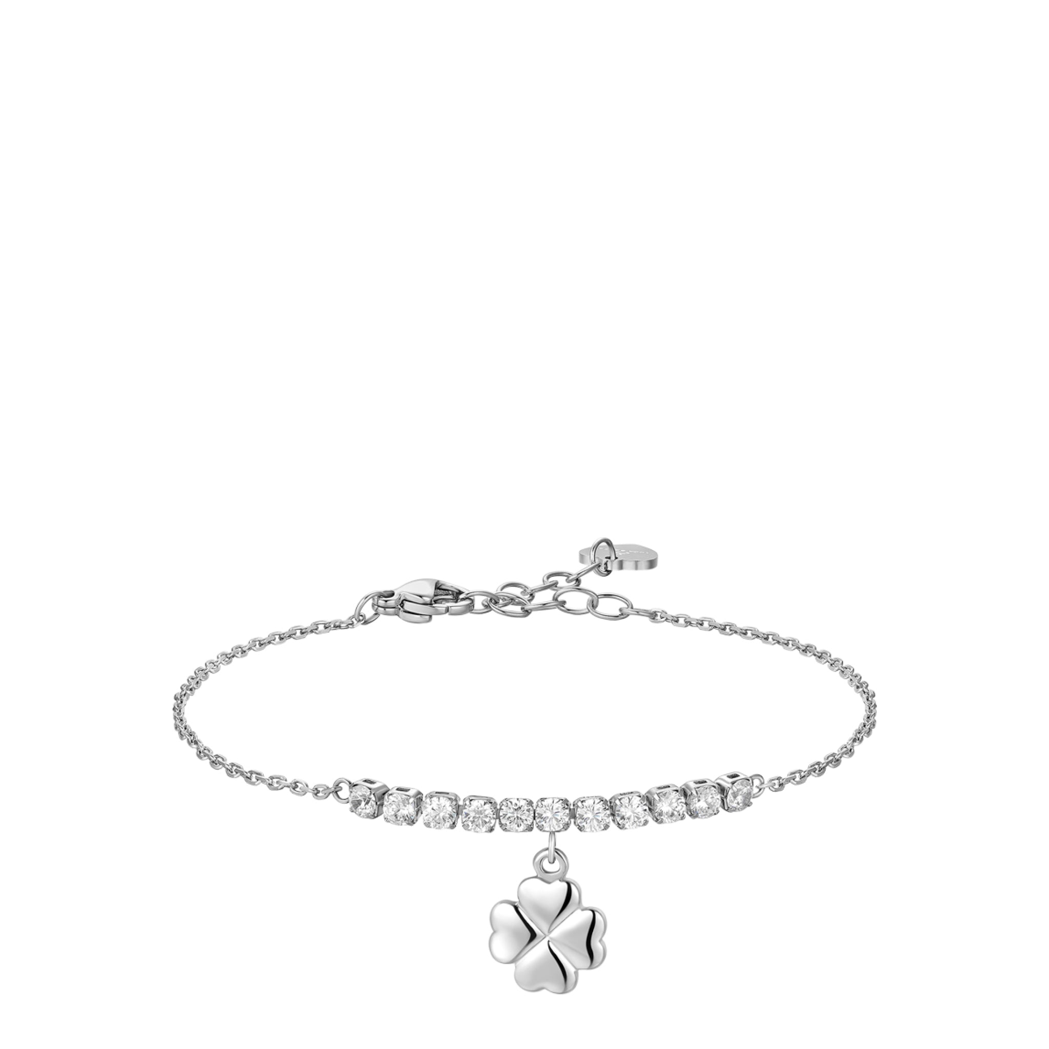 Silver-toned steel bracelet with a row of clear zircons and a polished four-leaf clover charm.
