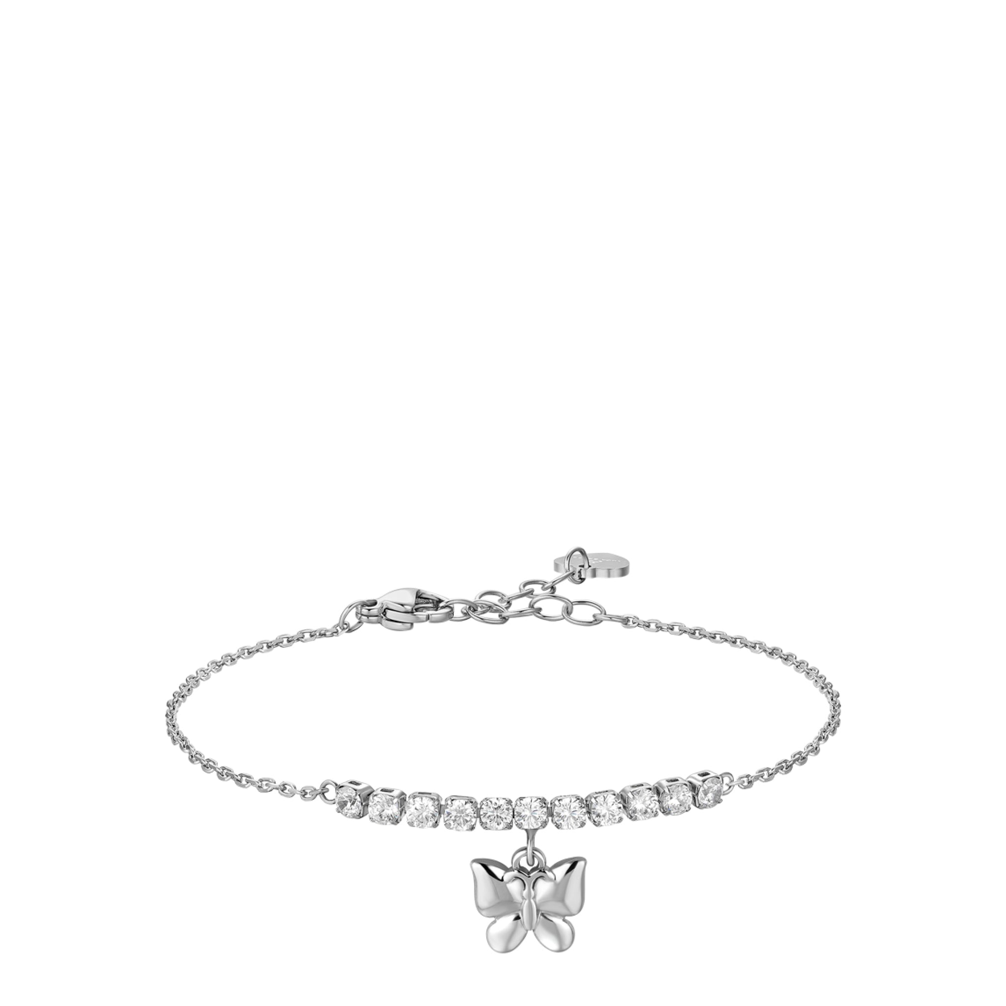 Silver-toned steel chain bracelet with a row of clear zircons and a polished butterfly charm dangling below.