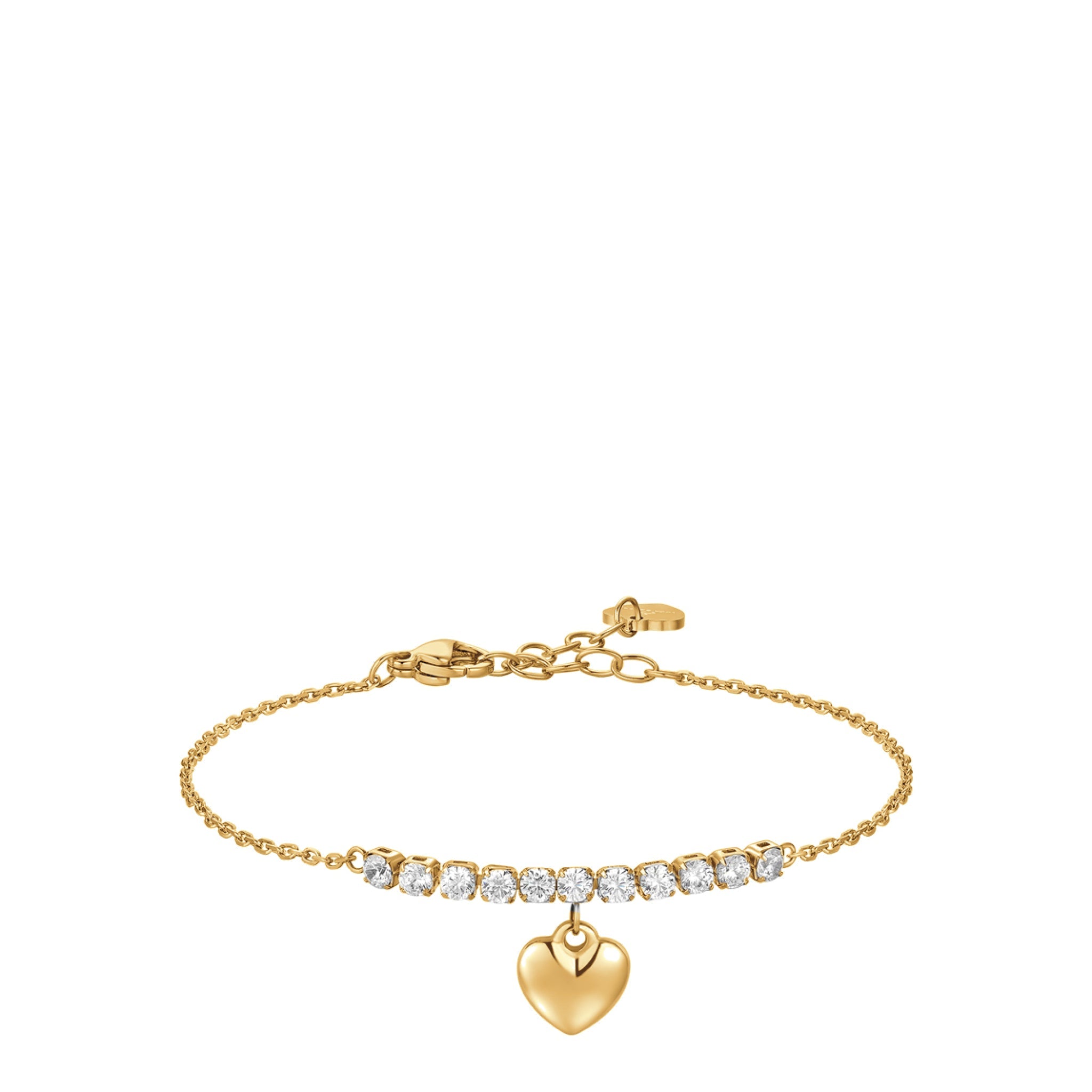 Gold-toned steel bracelet with a row of white zircons and a polished gold-toned heart charm, featuring a lobster clasp.