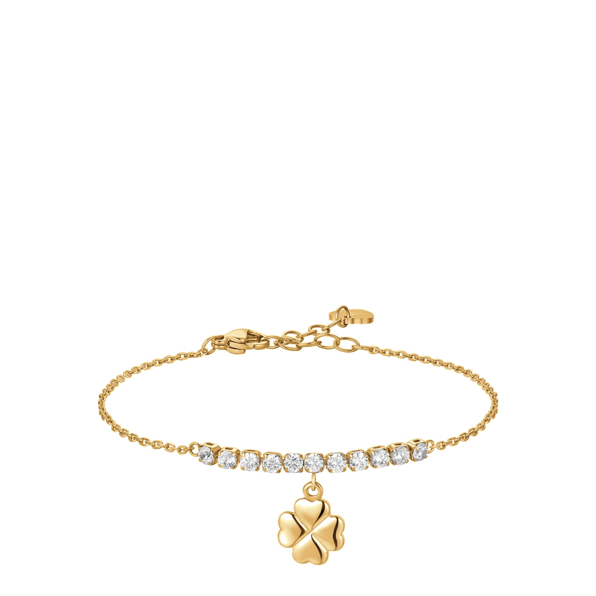 Gold-toned steel bracelet with a curved bar of white zircons and a dangling four-leaf clover charm.