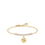 Gold-toned steel bracelet with a curved bar of white zircons and a dangling four-leaf clover charm.