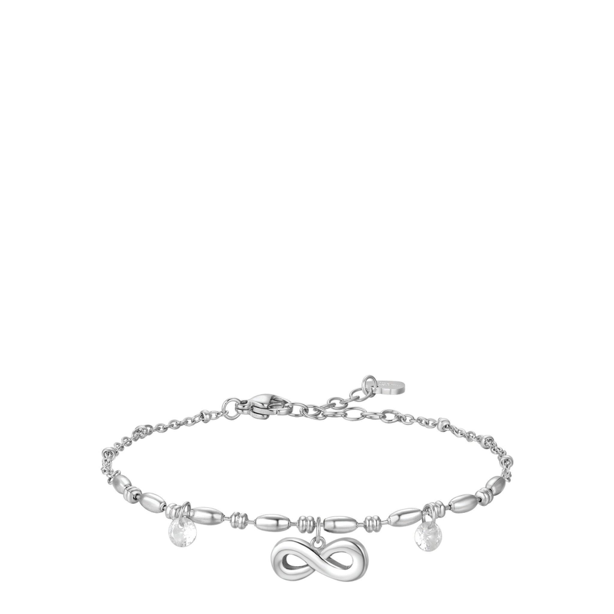 Silver-toned steel bracelet with an infinity symbol charm, two white zircon drops, and a lobster clasp closure.