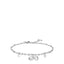 Silver-toned steel bracelet with an infinity symbol charm, two white zircon drops, and a lobster clasp closure.