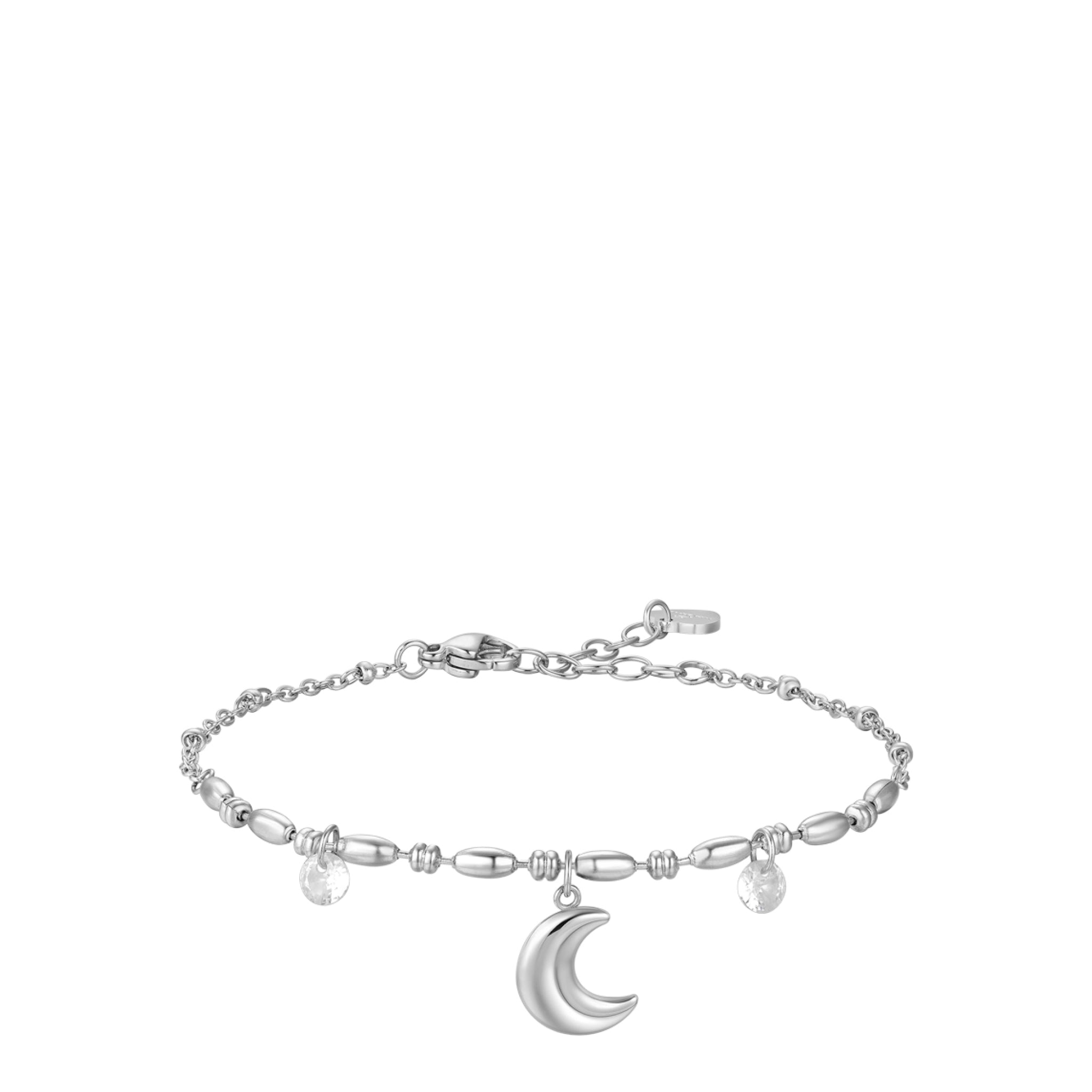 Silver-toned steel bracelet with a central crescent moon charm and two clear round zircons, featuring a lobster clasp.