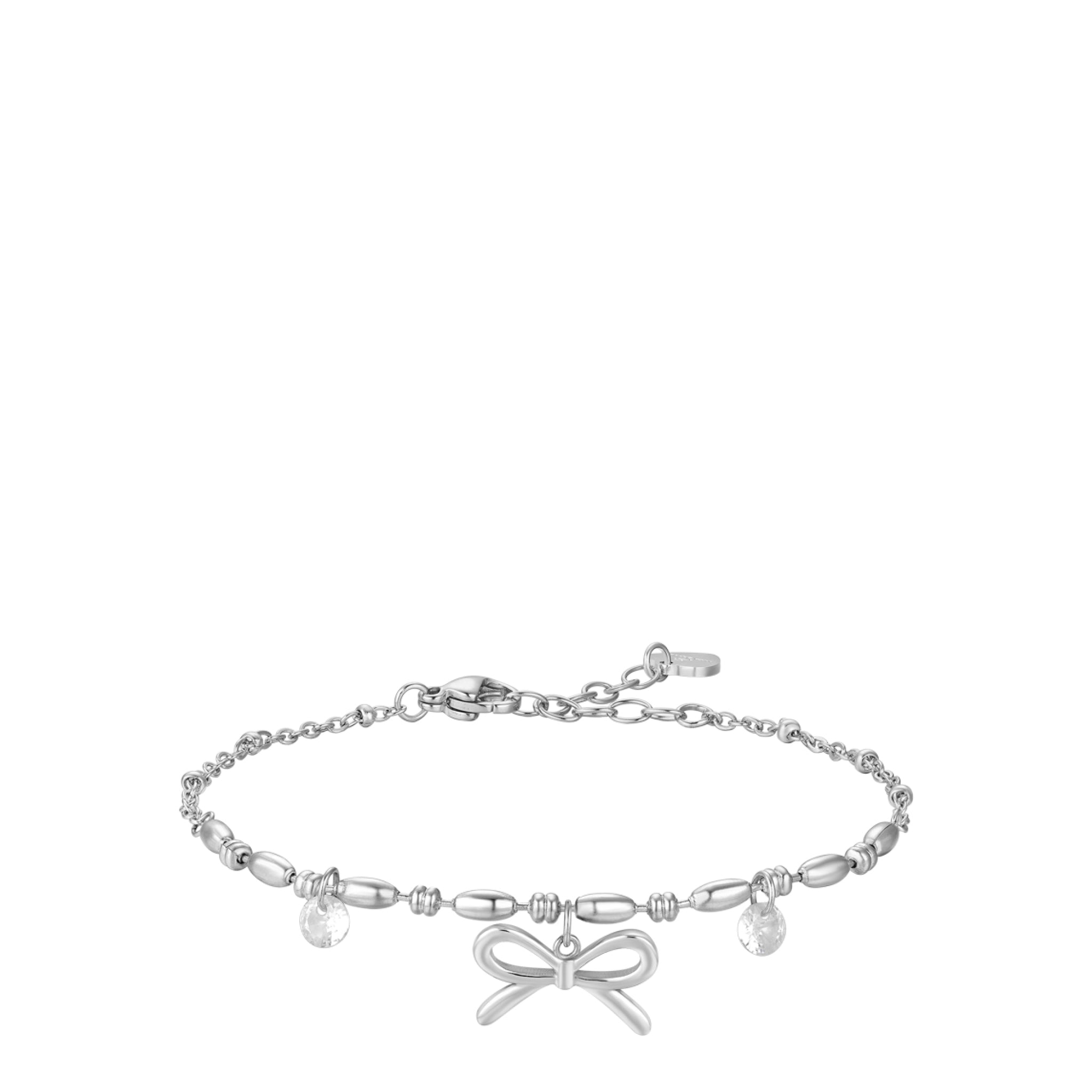Silver-toned steel bracelet with a central bow charm and two clear round faceted zircons, featuring a lobster clasp.