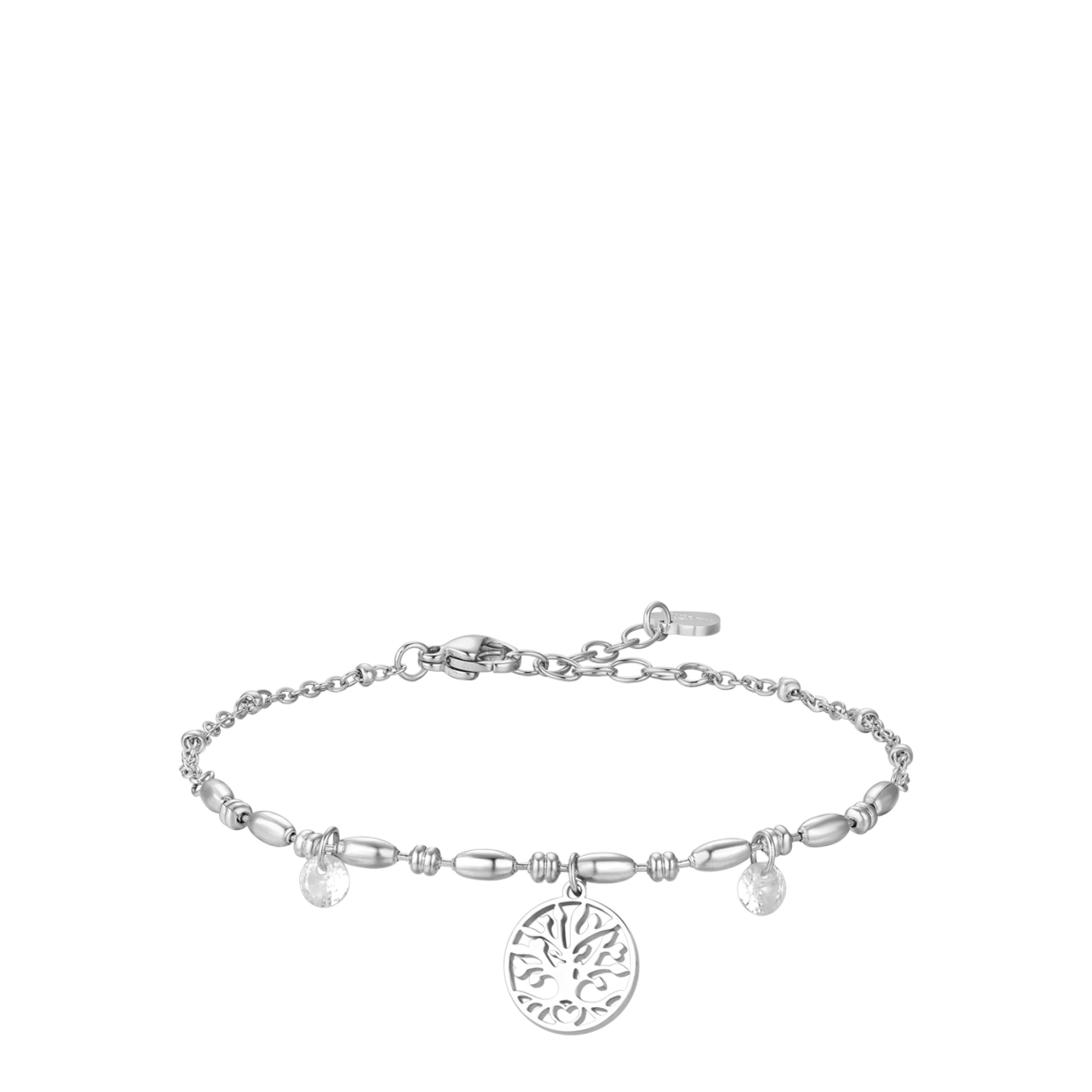 Silver-toned steel bracelet with a central openwork Tree of Life charm and two clear faceted zircons.