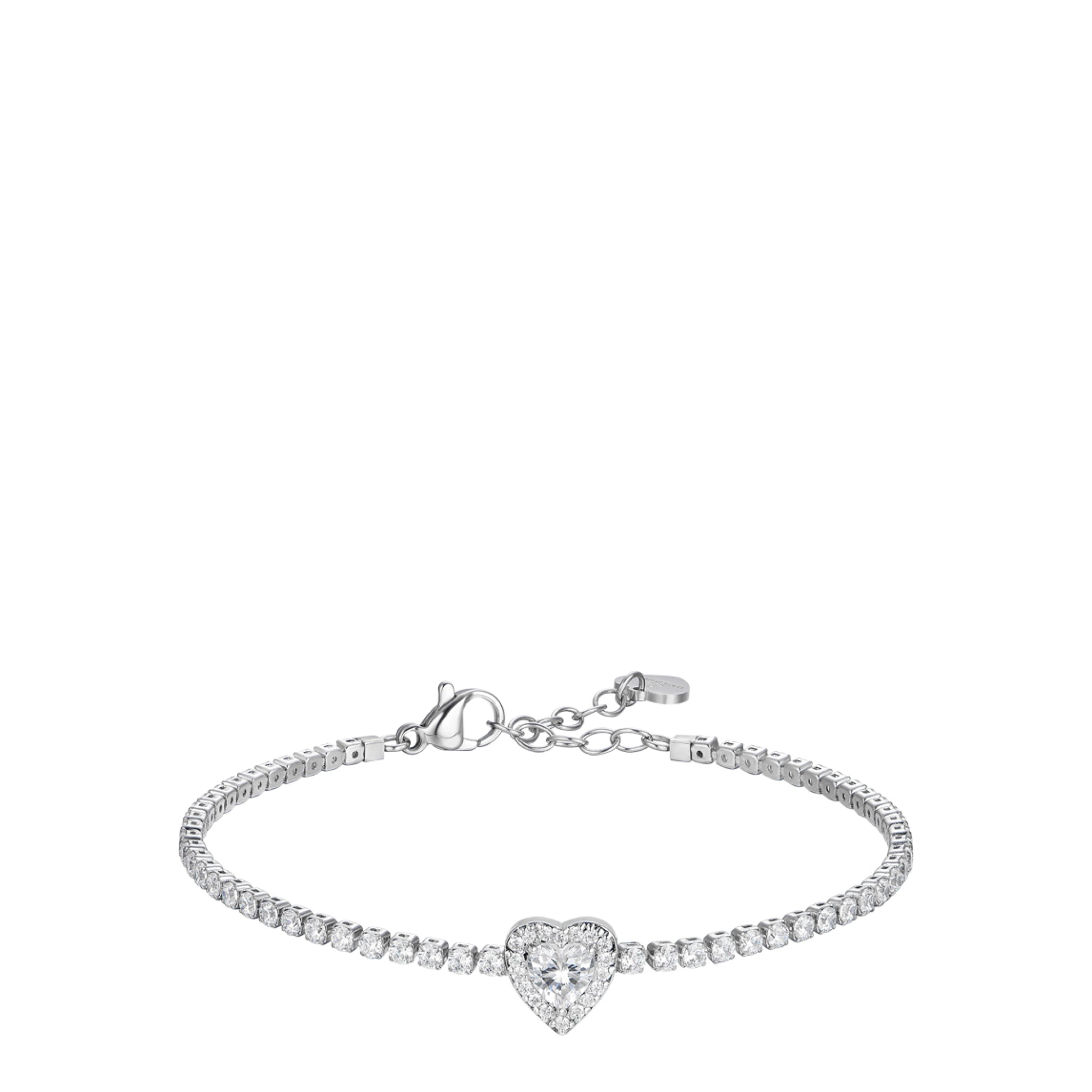 Silver-toned steel tennis bracelet with a continuous line of white zircons and a central heart-shaped white zircon cluster.