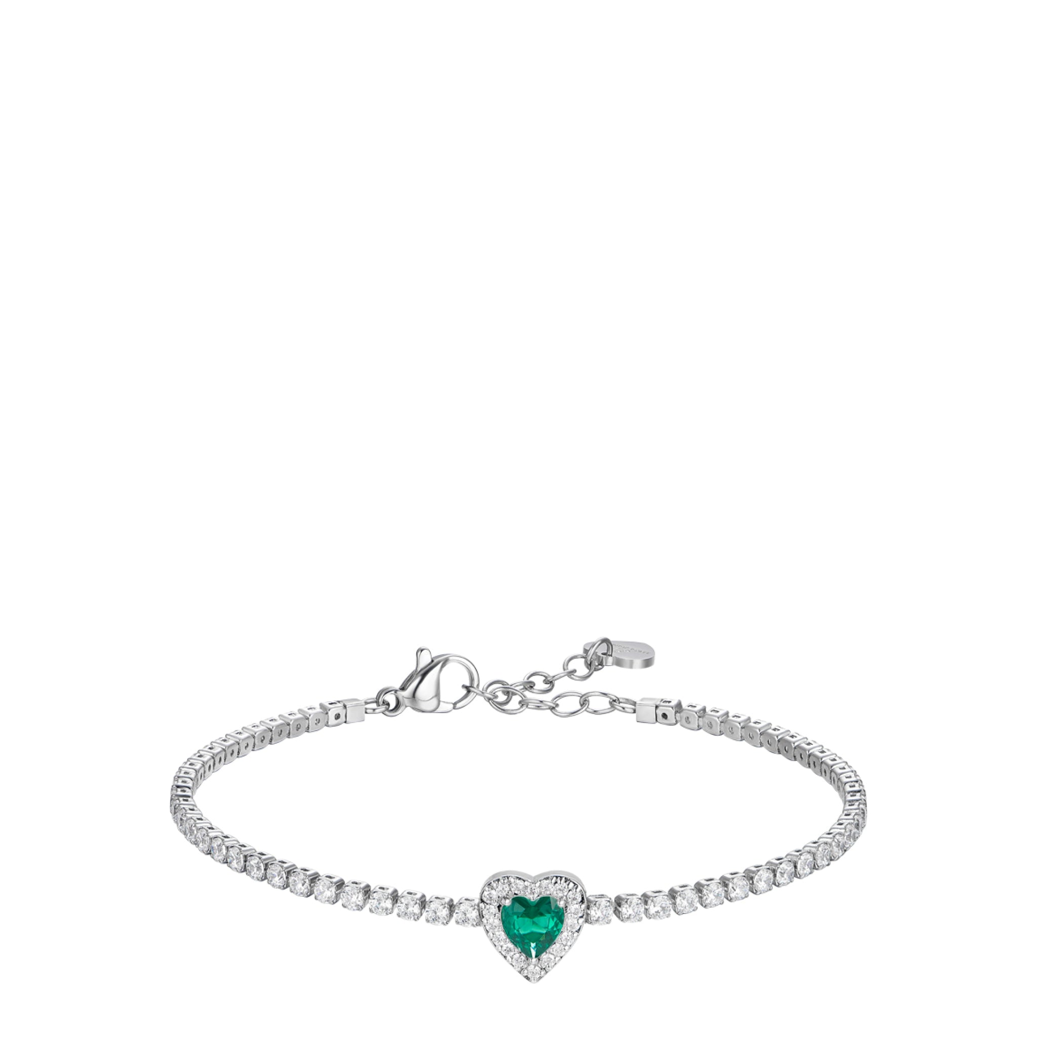 Silver-toned steel tennis bracelet with a central green heart zircon surrounded by white zircons, featuring a lobster clasp.