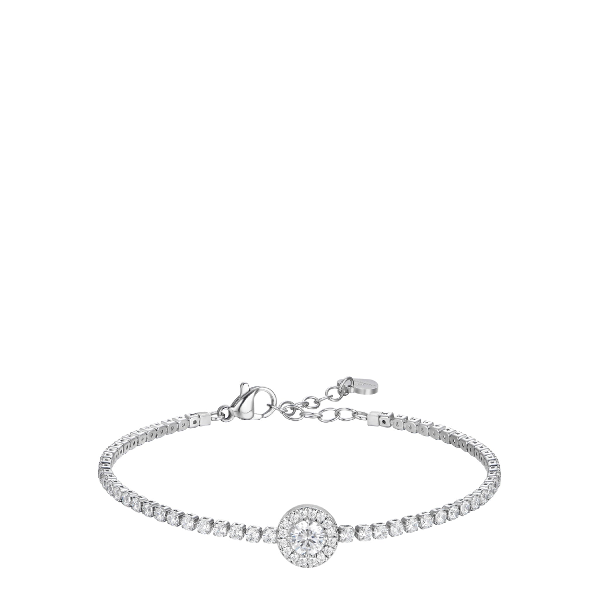 Silver-toned steel tennis bracelet with a continuous line of clear round zircon stones and a larger central halo-set zircon.