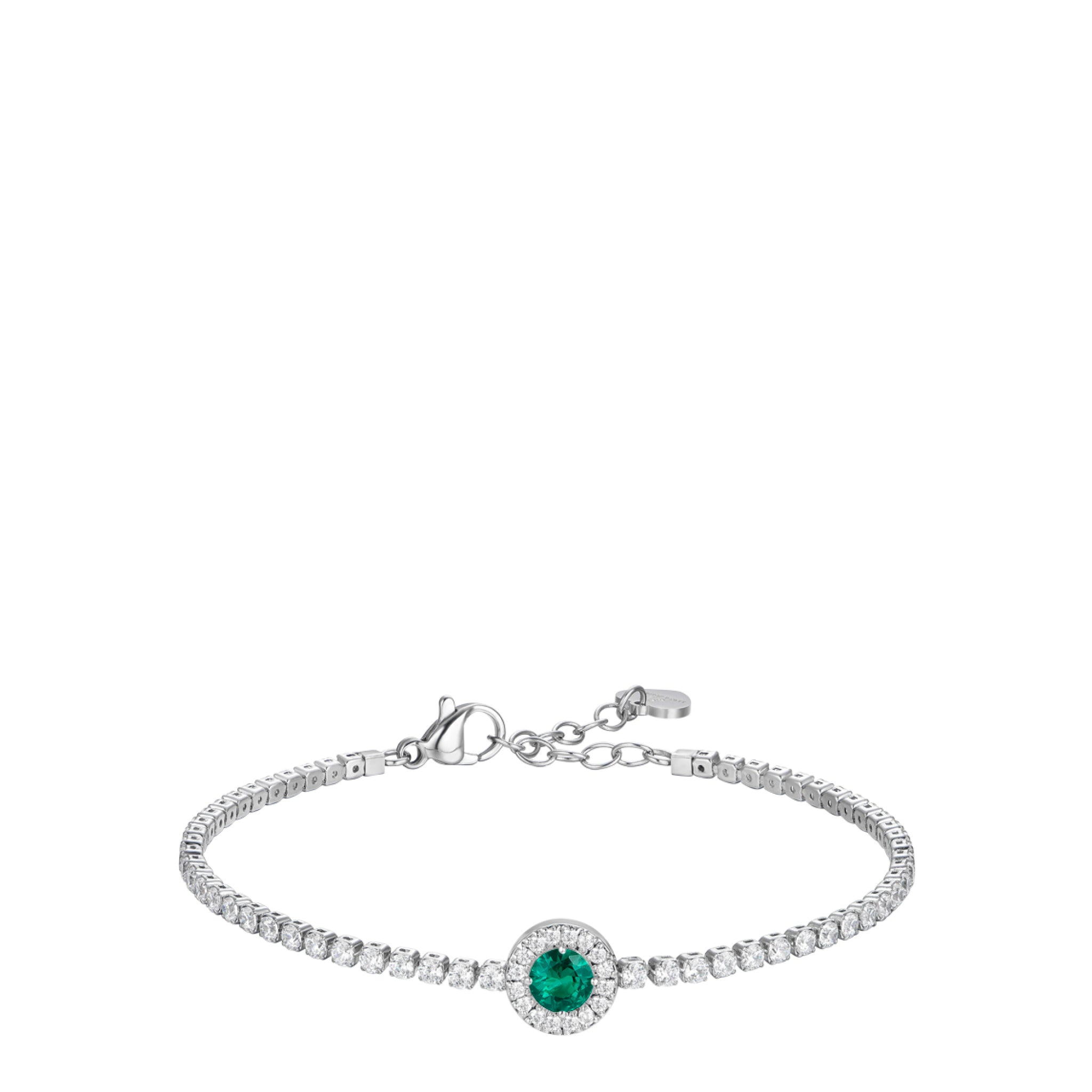 Silver-toned steel tennis bracelet with a chain of white zirconia stones and a central green zirconia stone in a white zircon
