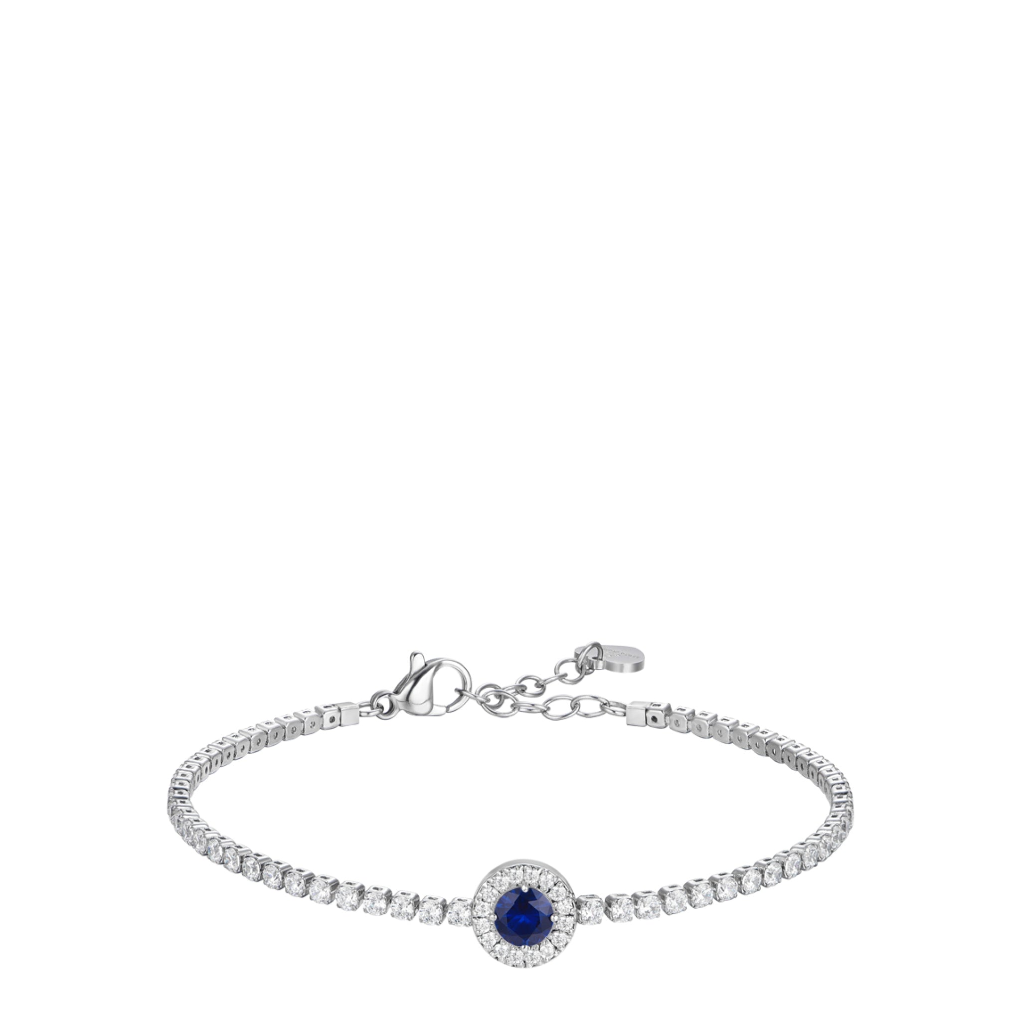 Silver-toned steel tennis bracelet with a continuous line of white zirconia stones and a central blue round zirconia stone su