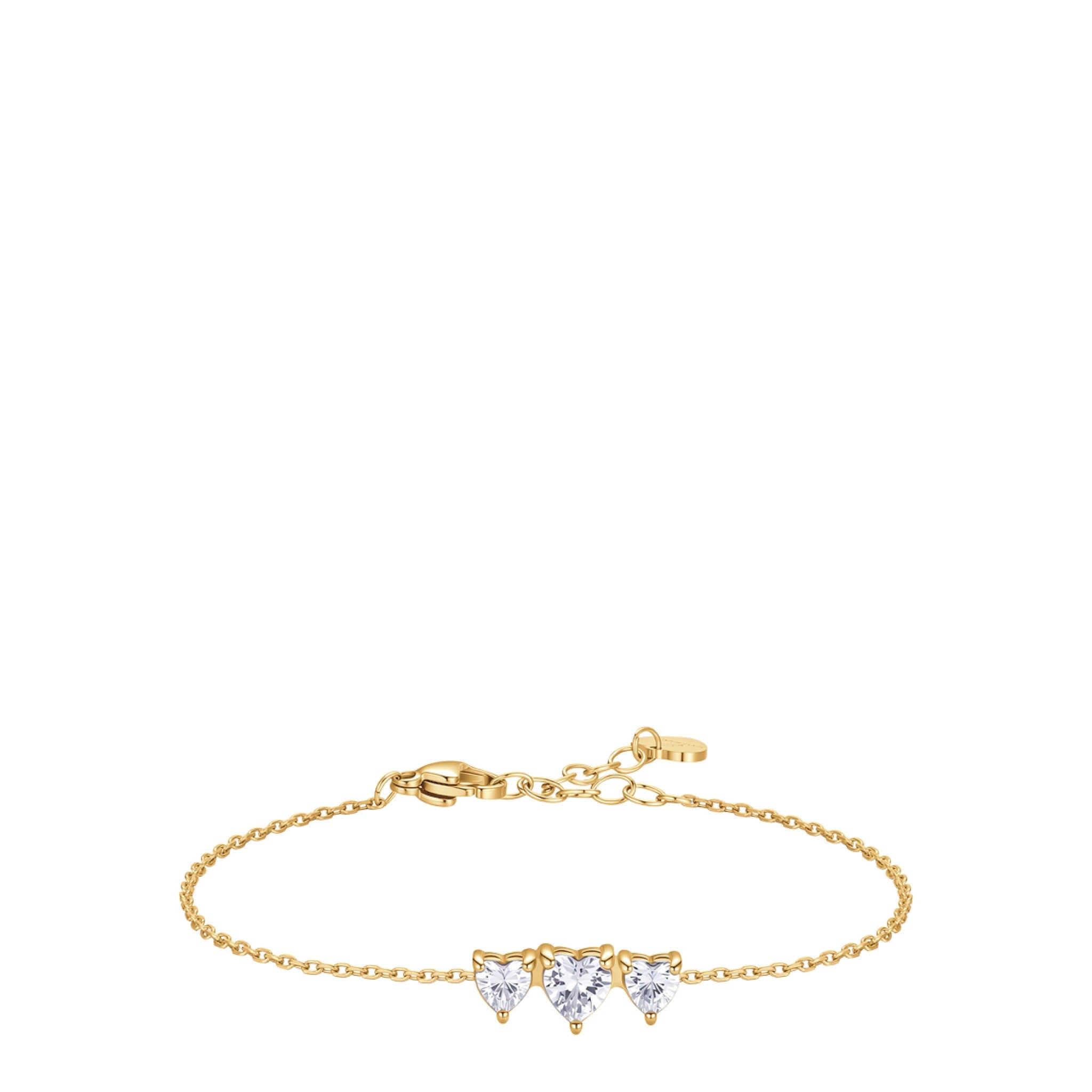 Gold-toned steel chain bracelet with three white heart-shaped zircons, a lobster clasp, and an extender chain.