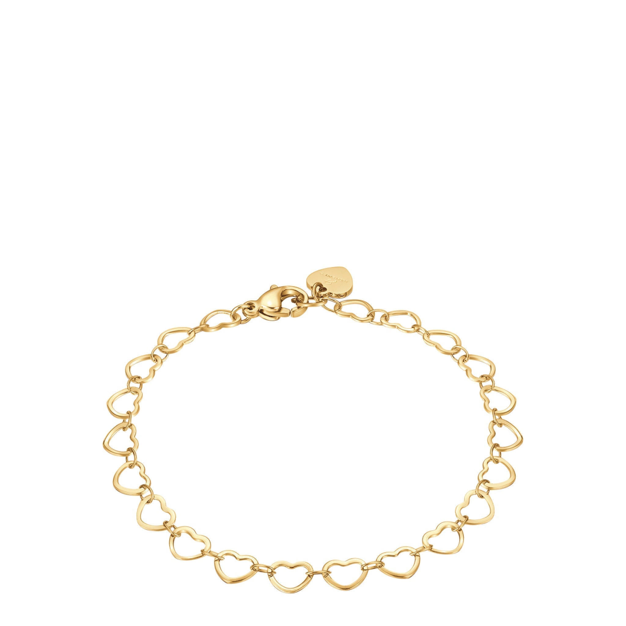 Gold-toned steel bracelet featuring a chain of open heart-shaped links, a lobster clasp, and an extender chain with a small h
